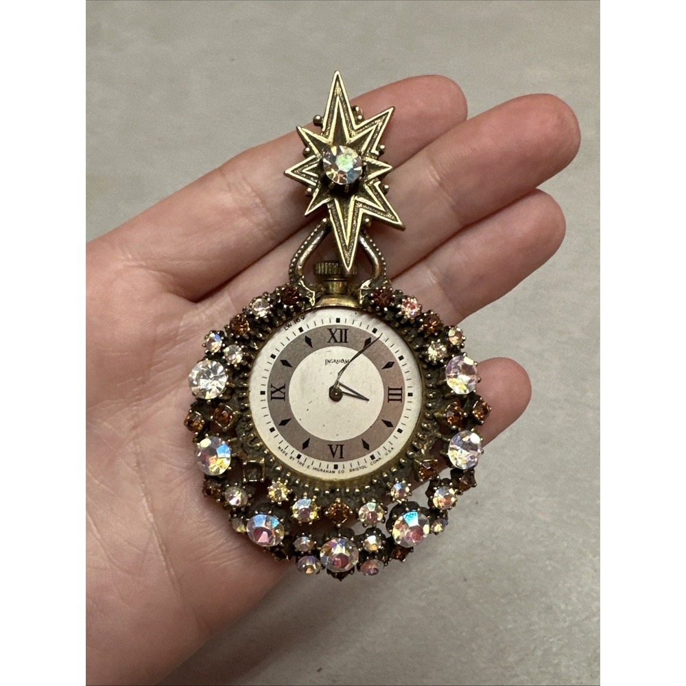 Vintage Ingraham‎ Florenza Bejeweled Brooch Pocket Watch - Stardust - Jewelry